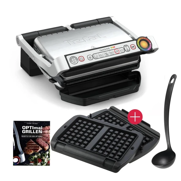 Tefal OptiGrill+ Plus elektrikli kontaklı ızgara + XA7238 waffle plakaları + kepçe + Optigrill tarif kitabı, 6 ızgara programı | İç mekan elektrikli ızgara |, paslanmaz çelik ürün görseli 1