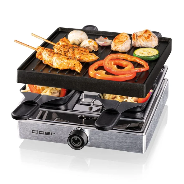 Cloer 6454 raclette ızgara, döküm alüminyum plakalı, 750 W, 4 yapışmaz kaplamalı raclette tava, plastik spatula, ısıtılmamış park alanı, alüminyum ürün görseli 1