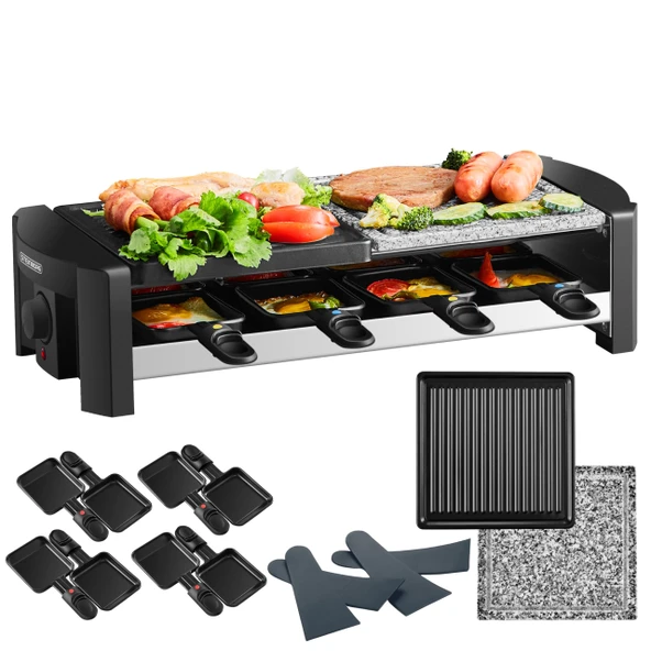 8 kişilik Raclette makinesi | Masif doğal taşlı ve kaplamalı ızgara plakalı parti ızgarası | Elektrikli masa ızgarası | 1300 watt | Paslanmaz çelik ısıtma elemanı ürün görseli 1
