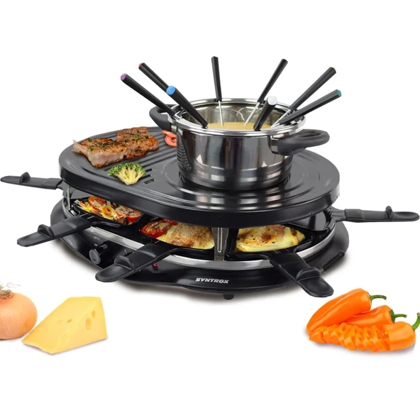 Fondü ve sıcak taşlı Syntrox Germany Locarno raclette ızgara, 4'ü 1 arada raclette seti, sosyal akşamlar, mutfak çeşitliliği, yapışmaz kaplama, temizlemesi kolay ürün görseli 1