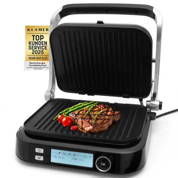 KLAMER Kontakt Izgara 2100W - 7 Otomatik Programlı Elektrikli Masa Izgarası, Çıkarılabilir Plakalar, Yapışmaz Kaplama, Ayarlanabilir Sıcaklık 70-230°C, Cool Touch Sap, Paslanmaz Çelik ve Siyah ürün görseli 1