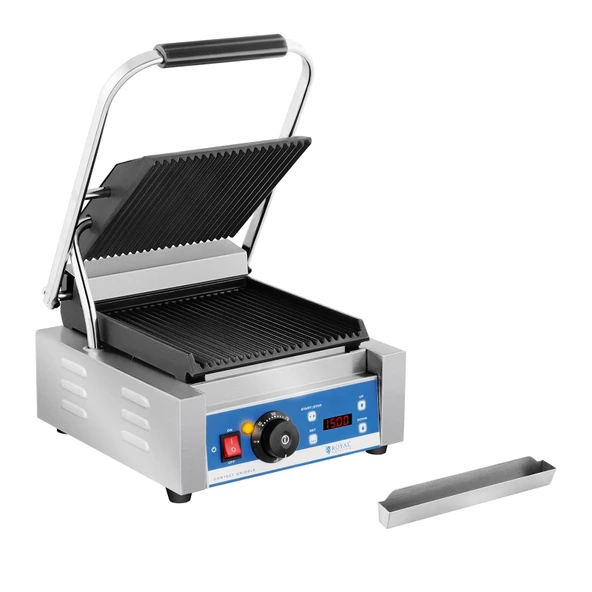 Royal Catering temaslı ızgara elektrikli ızgara Pannini ızgara (1800 W, 55-300 °C, nervürlü, 15 dakikalık zamanlayıcı, damlama tepsisi, 36,2 x 31,3 x 20,1 cm, emaye dökme demir) ürün görseli 1