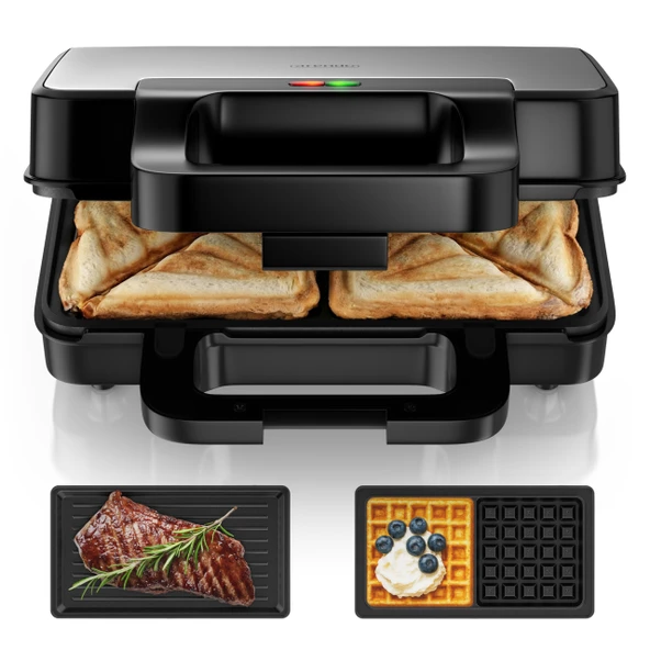 Arendo - 3'ü 1 arada temaslı ızgara - değiştirilebilir plakalarla - sandviç makinesi - waffle makinesi - sandviç makinesi XXL - yapışmaz kaplama - sandviçler, küçük ve kompakt ürün görseli 1