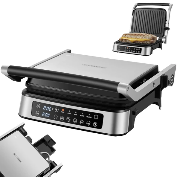 Steinborg® temaslı ızgara çıkarılabilir plakalar, dokunmatik ekranlı - elektrikli masa ızgarası ve panini ızgarası, 180° katlanabilir, sıcaklık ve zamanlayıcı ekranı ürün görseli 1
