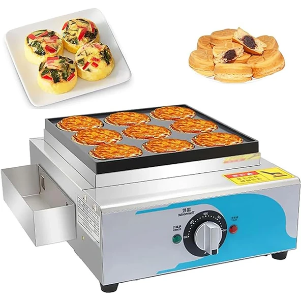 9 Yuvalı Ticari Egg Burger Makinesi, Paslanmaz Çelik Kırmızı Fasulye Kekleri için 2KW Elektrikli Makine, Snack Barlar, Restoranlar, Sokak Tezgahları için 50-300°C Et Burger Makinesi ürün görseli 1