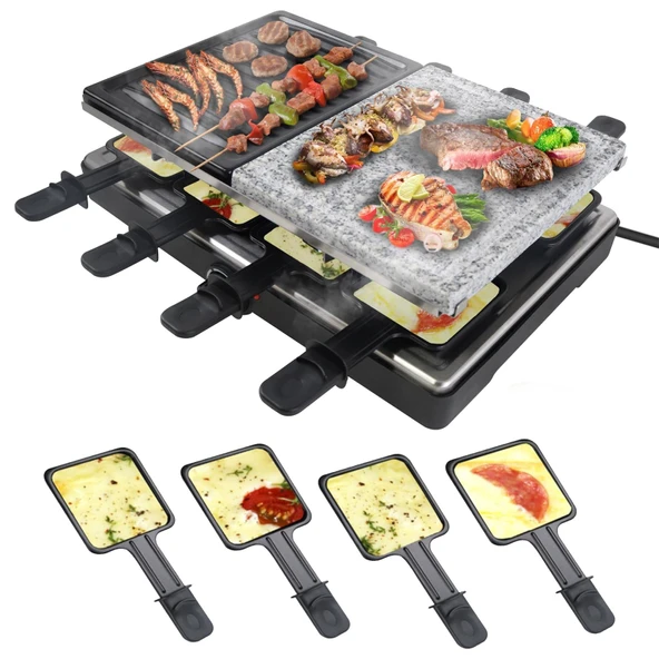 UISEBRT 8 Kişilik Raclette Izgara, Granit Plakalı ve Izgara Plakalı 1400W Elektrikli Izgara Yapışmaz Kaplama Elektrikli Izgara Tava Seti Parti Kampı için Masa Izgarası Noel ürün görseli 1