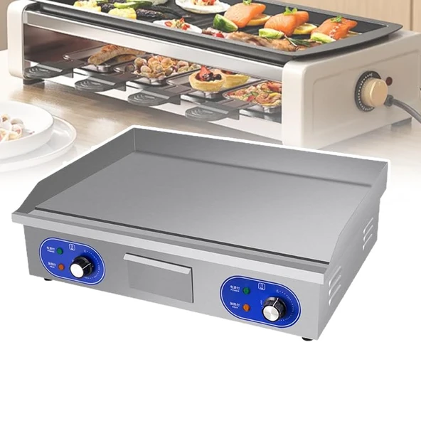 Izgara Barbekü Pişirme Plakası, Mutfak için Büyük Düz Paslanmaz Çelik Pişirme Plakası, Kaymaz Ayak Dayanağı, 50 ila 300°C Düğmeli Sıcaklık Kontrolü, Altta Isı Dağıtımı için Delik, A ürün görseli 1