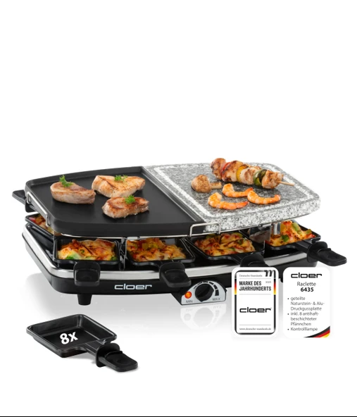 Cloer 6435 Doğal taşlı Raclette, 1200 W, 8 yapışmaz kaplamalı raclette tava, bölünmüş plaka ürün görseli 1
