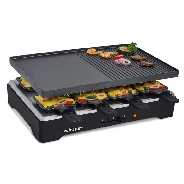 Cloer 6446 döküm alüminyum plakalı raclette ızgara - her iki tarafta da kullanılabilir, 1200 W, 8 yapışmaz kaplamalı raclette tava, siyah ürün görseli 1