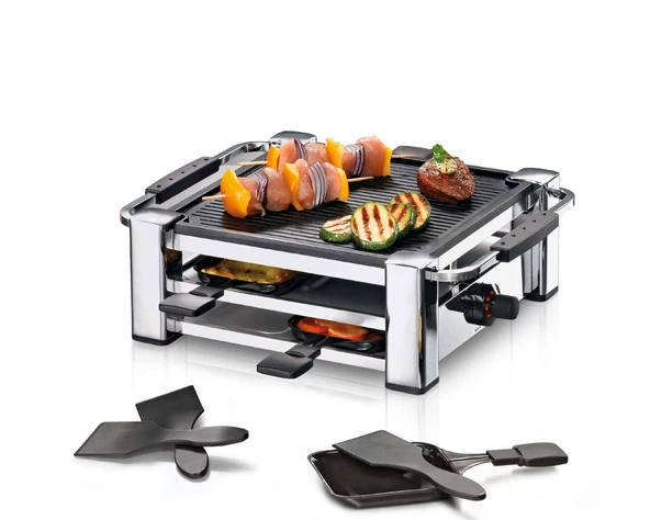 ROMMELSBACHER RCC 1000 raclette ızgara (masa ızgarası, 4 kişilik, Xylan Plus yapışmaz kaplamalı nervürlü döküm alüminyum ızgara plakası, park yeri, 4 tava, 4 kazıyıcı, 1000 W) krom ürün görseli 1