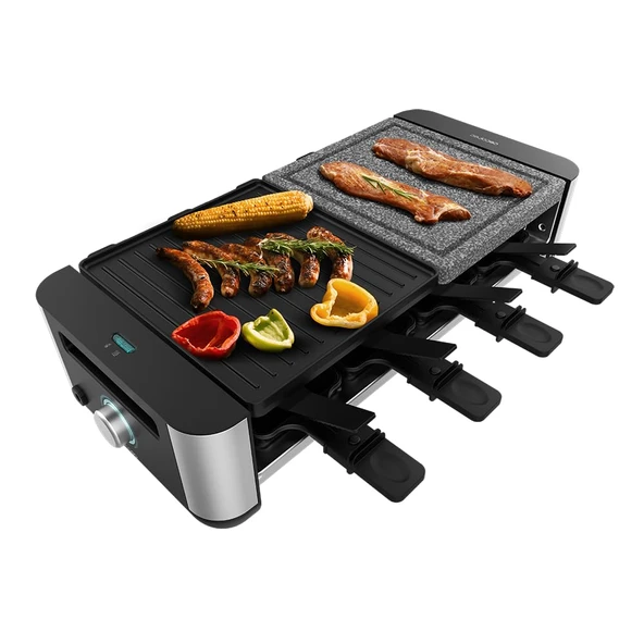 Cecotec Raclette Cheese&Grill 16000 Inox MixGrill, 8 kişilik, 1400 W ızgara, ayarlanabilir termostat, 2 adet 20 x 22 cm alüminyum ızgara plakası ve 20 x 22 cm doğal taş, 8 tava ve 8 spatula dahil. ürün görseli 1