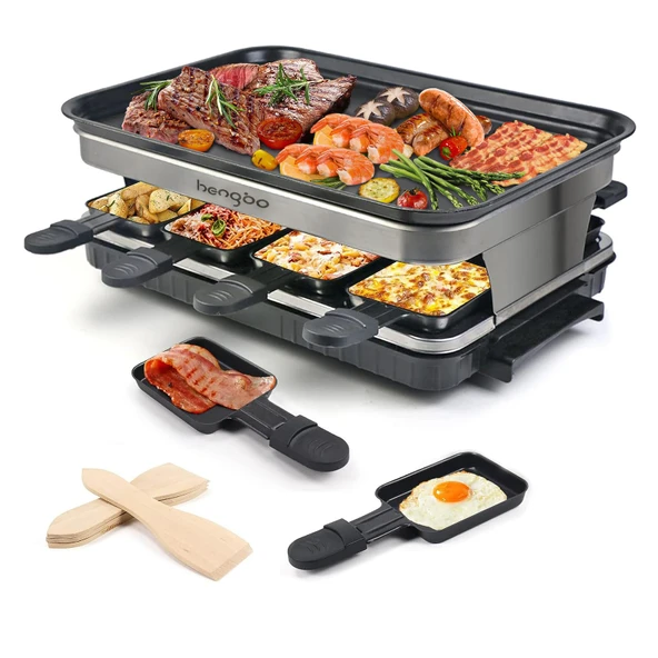 Raclette 8 kişilik masa ızgarası elektrikli, 8 mini tava ve 4 tahta spatulalı raclette ızgara, kademesiz olarak ayarlanabilir sıcaklık, 1500W, yapışmaz kaplamalı, paslanmaz çelik ürün görseli 1