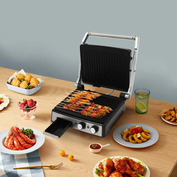 OMGGYER temaslı ızgara paslanmaz çelik sandviç ekmek kızartma makinesi, 180 derece açılan yapışmaz kaplama plakalı ızgara ekmek kızartma makinesi, 2800W ürün görseli 1