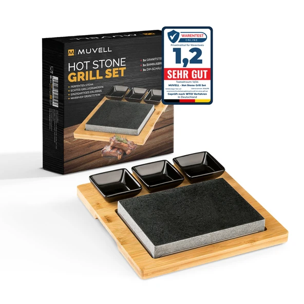 Muvell Hot Stone - Steak Stone - Bambu Ahşap Tahtalı Granit Taştan Sıcak Taş Tabak ve 3 Yan Kase, Daldırma Kaseleri, Sos Kaseleri (Siyah) ürün görseli 1