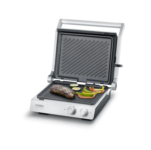 CASO SteakChef temaslı ızgara, 2000 W, PFAS içermeyen seramik yapışmaz kaplama, çıkarılabilir ızgara plakaları ve yağ damlama tepsisi, sıcaklık 100-220 °C, zamanlayıcı, cam kapak, masa ızgarası işlevi ürün görseli 1