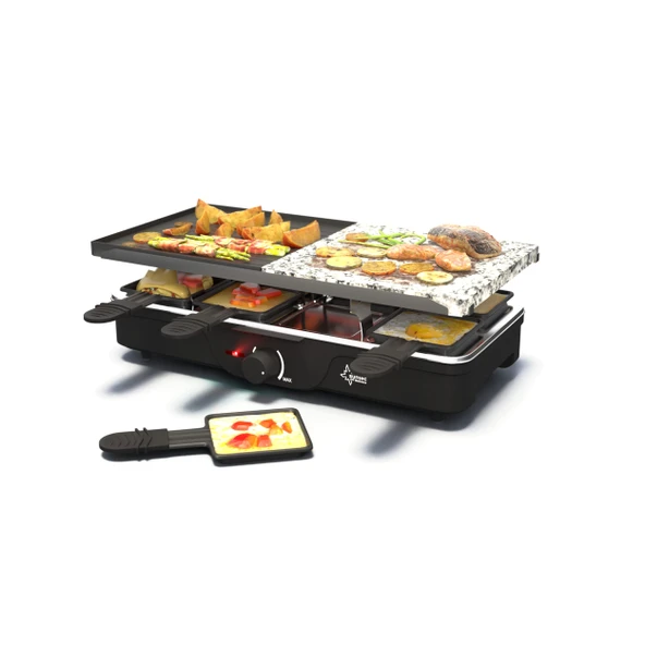 Suntec Wellness RAC-8458 Raclette fondü seti, 8 kişiye kadar 2'si 1 arada set, paslanmaz çelik fondü tenceresi ile alüminyum ızgara plakası 1,4 L, çatallar ve spatula, maksimum 1200 W ürün görseli 1