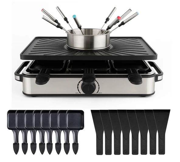 8 kişilik fondü/raclette seti - tavalar ve kazıyıcı dahil masa ızgarası - ızgara plakası ve yapışmaz kaplamalı taş tabak (fondü seti) ürün görseli 1