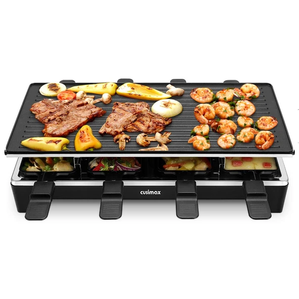 Cusimax Raclette Izgara, Çift Yönlü Izgara Tavalı, 8 Kişilik Parti Izgara Kontrolü, Sürekli Ayarlanabilir Sıcaklık, 8 Mini Tava, Yapışmaz Kaplama, CMRC-300, 1500W, Siyah ürün görseli 1