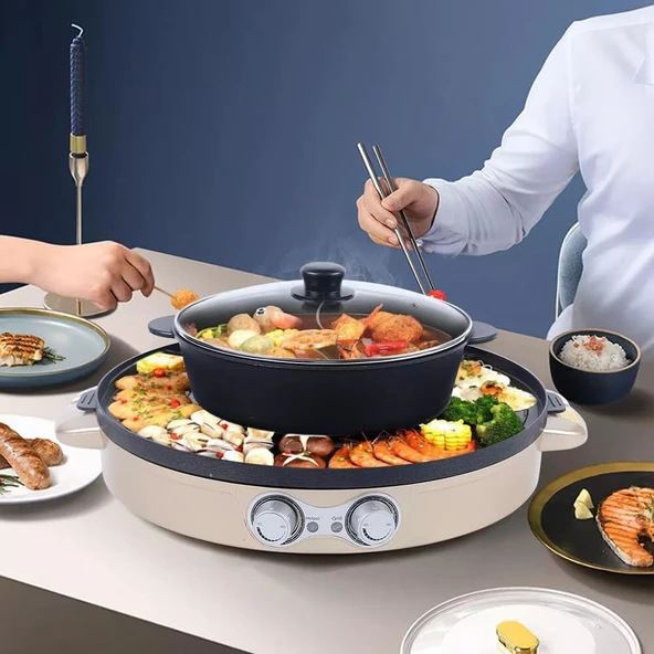 2200W Güveç Barbekü 2'si 1 Arada Elektrikli Güveç ve Raclette Izgara Güveç Çok Fonksiyonlu Izgara Ev için Kolay Temizlenebilir, Güveç Tencere ve Izgara Plakası (Altın) ürün görseli 1