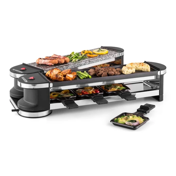 İncelikle eriyen lezzetli peynir, 2 ızgara yüzeyli Klarstein raclette masa ızgarası, 8 tava ve kazıyıcı, 1200 W raclette ızgara ile kendinizi şımartın ürün görseli 1