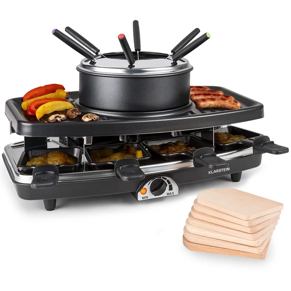Klarstein 3'ü 1 Arada Raclette Fondü Kombi ve Izgara, 1100W - Taş Tabaklı Set, 8 Tava ve Fondü Çatalı 8 Kişilik Elektrikli Izgara, Raclette Makinesi ürün görseli 1