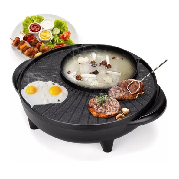 hxoity 1700W Çok Fonksiyonlu Dumansız Shabu Kore Barbekü Izgarası 2'si 1 Arada Elektrikli Izgara ve Güveç, Kaynatma, Pişirme, Kavurma, Kavurma için Ayarlanabilir Sıcaklık Kontrol Cihazı ile(L) ürün görseli 1