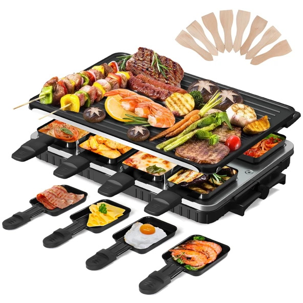 2'si 1 Arada Raclette Izgara 8 Kişilik Elektrikli Masa Izgarası Yapışmaz Kaplama Çift Taraflı Izgara Plakası Dumansız, 8 Mini Raclette Tava ve 8 Kazıyıcı ile Bulaşık Makinesinde Yıkanabilir 1300W ürün görseli 1