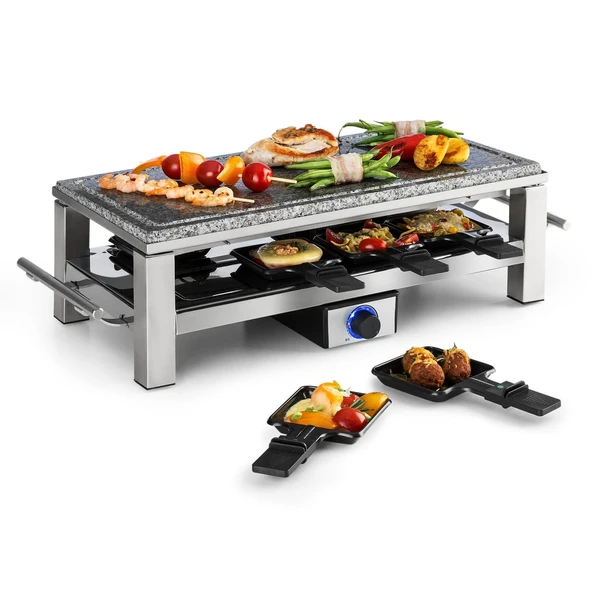 Klarstein Eritme lette - raclette, masa ızgarası, parti ızgarası, güç: 1500 W, 8 tava ve tahta spatula ile, yapışmaz kaplama, çizilmeye dayanıklı doğal taş plaka, kademesiz termostat, gümüş ürün görseli 1