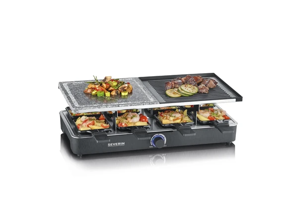 Doğal ızgara taşlı ve ızgara plakalı SEVERIN raclette ızgara, yapışmaz kaplamalı ızgara plakalı ve 8 tavalı raclette, 8 kişilik masa ızgarası, maks. 1300 W, siyah, RG 2371 ürün görseli 1