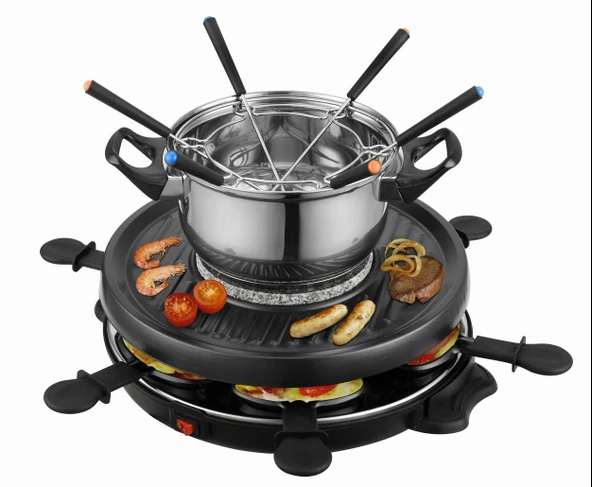 Kalorik TKG RAC 1010 FO Team 6 kişilik raclette, fondü kabı ve sıcak taş parçalı, metal, plastik, yapışmaz kaplama, ahşap, siyah ürün görseli 1