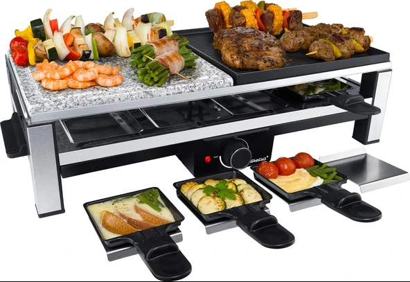 Steba Çoklu Raclette RC 108 | yüksek kaliteli doğal taş ızgara plakası (25 x 25 cm) | Yapışmaz ızgara plakası | 8 yapışmaz kaplamalı tava | 8 tava rafı | 2,0 m bağlantı kablosu, 2000 W ürün görseli 1
