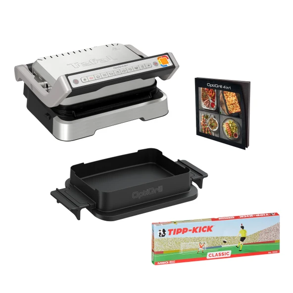 Tefal OptiGrill 4'ü 1 arada Tipp-Kick Sürümü temaslı ızgara, ızgara/Barbekü/fırın/tam yemek, 9 otomatik program, fırın tepsisi ve Tipp-Kick oyunu dahil, gümüş, GC774D.TK ürün görseli 1