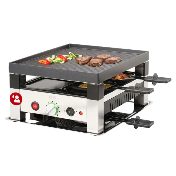 Solis 5'i 1 Arada Masa Izgarası 7910 Raclette 4 kişilik - Raclette + masa ızgarası + wok + pizza ızgarası + krep - elektrikli ızgara - 1020W - paslanmaz çelik ürün görseli 1