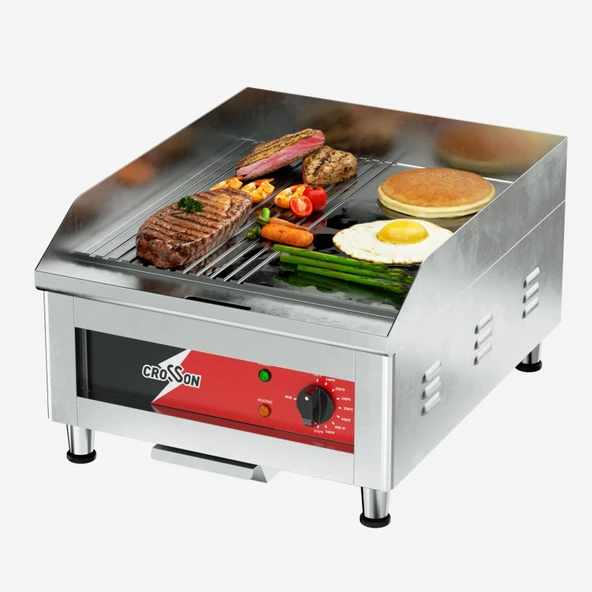10 mm kalınlığında dökme demirden ve 300°C hassas EGO termostatından yapılmış yarı düz ve yarı yivli ızgara yüzeyli (40 x 40 cm) elektrikli CROSSON profesyonel gastro ızgara plakası ürün görseli 1