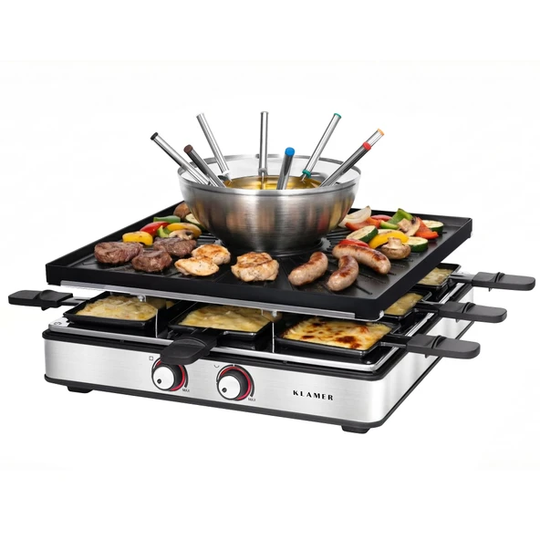8 kişilik KLAMER Raclette Fondü kombinasyonu, 3'ü 1 arada raclette ızgara, fondü ve masa ızgarası, 2 m kablo, ILAG yapışmaz kaplama, 8 ahşap spatula, tava ve fondü çatalı dahil, Alman markası Berlin ürün görseli 1