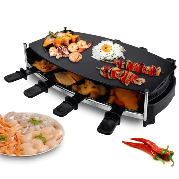 Syntrox Germany Raclette emaye Wallixa, cam seramik tabaklı 8 kişilik, masa ızgarası, siyah parti ızgarası 1000 watt, raclette ızgara, ızgara aksesuarları, yapışmaz kaplama, 6 kg ürün görseli 1