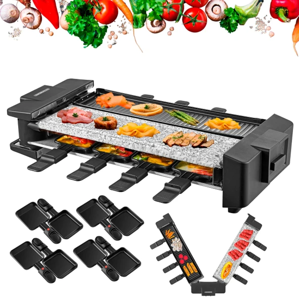 Steinborg Raclette Izgara 2'si 1 arada 8 kişilik raclette ızgara parti ızgarası elektrikli ızgara masası ızgarası doğal taş kaplı paslanmaz çelik ısıtma elemanı 180° dönebilir ürün görseli 1