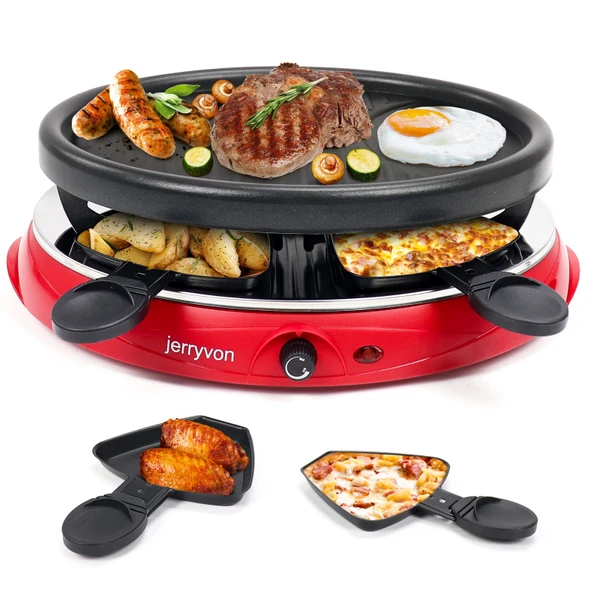 4 kişilik Raclette - Raclette ızgara 4 tava Yapışmaz kaplamalı ızgara plakalı Raclette cihazları ve Raclette 4 tava 2 Raclette ahşap spatula 900W, kırmızı ürün görseli 1