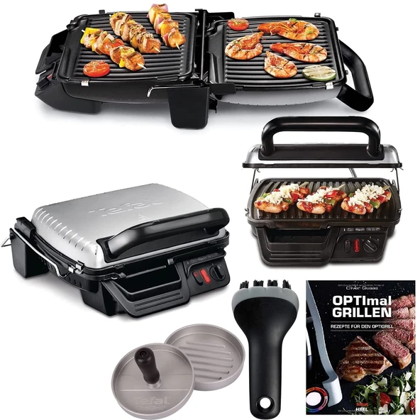 Tefal 3'ü 1 arada elektrikli kontak ızgara, fazla pişirme fonksiyonu ve masa ızgarası/katlanabilir çift ızgara yüzeyli barbekü hamburger presi Good Grips ızgara fırçası yapışmaz ızgara plakaları 2000W ürün görseli 1