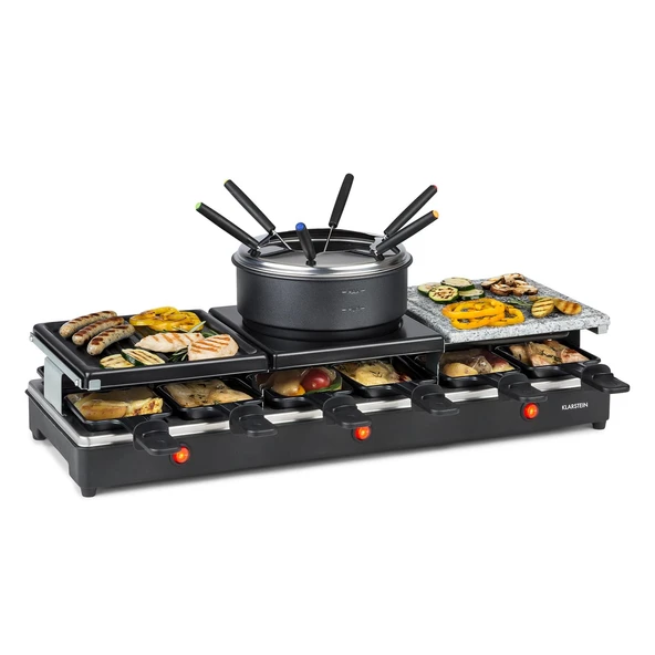 Klarstein Fonduelette XL - 3'ü 1 arada raclette ızgara ve fondü, 1650 watt: metal/doğal taş/krep plaka, 3 ayrı paslanmaz çelik ısıtma elemanı, 12 kişiye kadar, yapışmaz kaplama, siyah ürün görseli 1