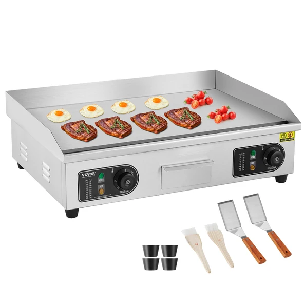 VEVOR Ticari Elektrikli Izgara Izgara Plakası, Tezgah için 4000 W Düz Tava, 50 ila 300°C arasında Ayarlanabilir Sıcaklık, Izgara Plakası 663 x 475 mm, Küreklerle, Fırçalarla ürün görseli 1