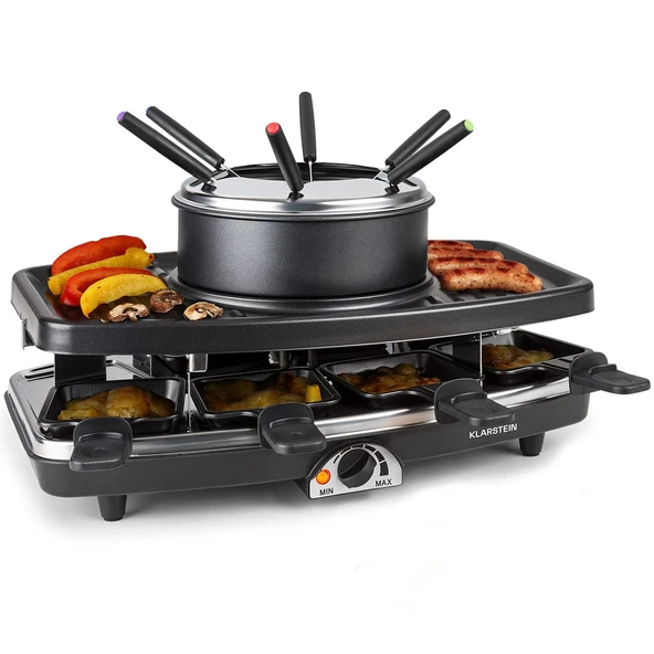 Klarstein 3'ü 1 arada Raclette Fondü Combo ve Izgara, 1100W Raclette Fondü Seti, Taş Tabaklı, 8 Kişilik Elektrikli Fondü Raclette Izgara ürün görseli 1
