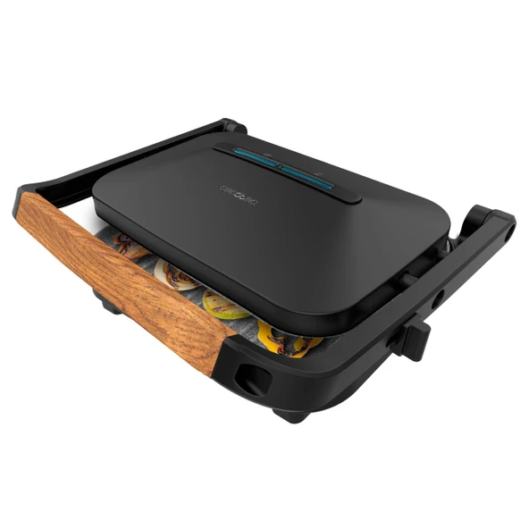 Cecotec Elektrikli Izgara Rock'Ngrill 1300 Wood B. 1300W gücü, siyah tasarım, Rockstone kaplama, kaymaz taban, yüzer plaka, ışık göstergesi, ahşap sap, çok yönlülük. ürün görseli 1