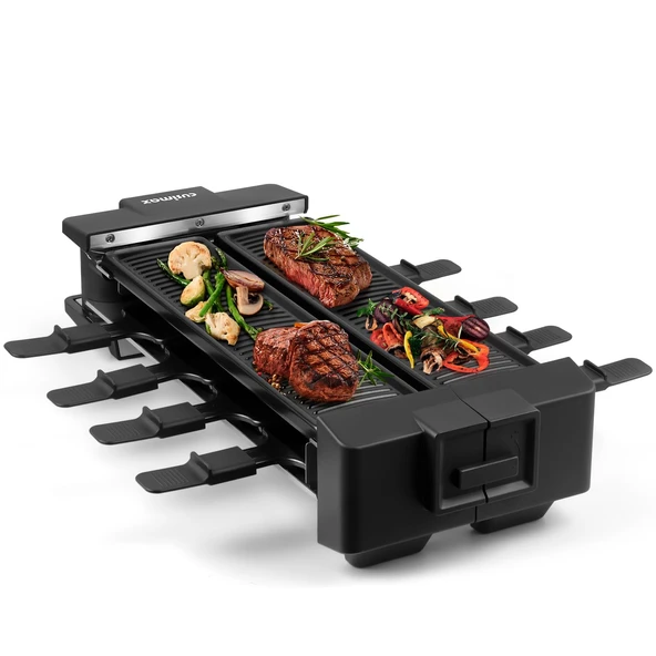 CUSIMAX Raclette Izgara, 2 ayrı ızgara plakalı döner raclette, 8 kişilik 1400W raclette, 180° dönebilen elektrikli masa ızgarası, 8 tava ve 8 tahta spatula ürün görseli 1