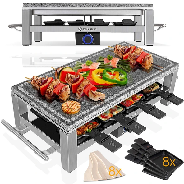 KESSER® Raclette Grill paslanmaz çelik masa ızgarası 8 kişilik, parti ızgarası, 1500 W, 8 tava ve tahta spatulayla, yapışmaz kaplama, çizilmeye dayanıklı doğal taş plaka, kademesiz termostat, gümüş ürün görseli 1