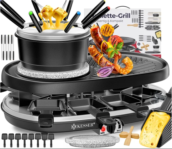 KESSER® 3'ü 1 arada raclette ızgara, doğal ızgara taşı, ızgara plakası ve fondü, 8 kişilik masa ızgarası, elektrikli ızgara raclette ızgara yapışmaz kaplamalı ızgara plakası, 8 tava ve tahta spatula ürün görseli 1