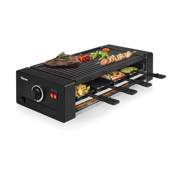 Tristar RA-2736 Çok fonksiyonlu raclette ve pizza makinesi ayarlanabilir termostat, çift ısıtma elemanlı 43 x 23 cm 8 kişilik pişirme yüzeyi BPA içermez 1300 watt, siyah ürün görseli 1