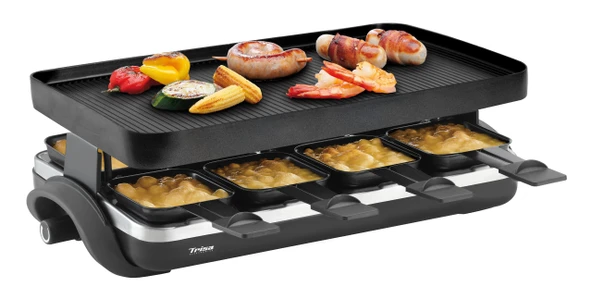 8 kişilik Trisa Raclette Supreme 8 ızgara (1500W), sağlam dökme alüminyum ızgara plakalı elektrikli masa ızgarası, 8 yapışmaz tava ve spatula dahil, kademesiz sıcaklık kontrol cihazı ürün görseli 1