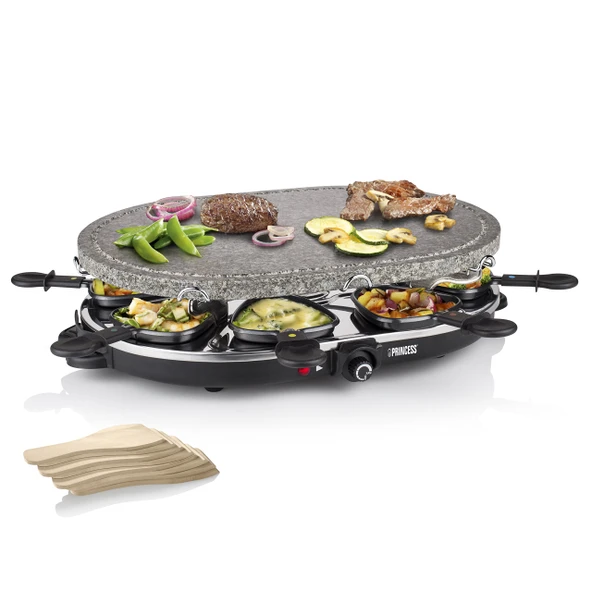 Princess 8 kişiye kadar Raclette ızgara, taş ızgara plakası 43 x 30 cm, 8 tava ve 8 tahta spatula, 1200 W, ayarlanabilir termostat, bulaşık makinesinde yıkanabilir aksesuarlar, 01.162720.01.001 ürün görseli 1