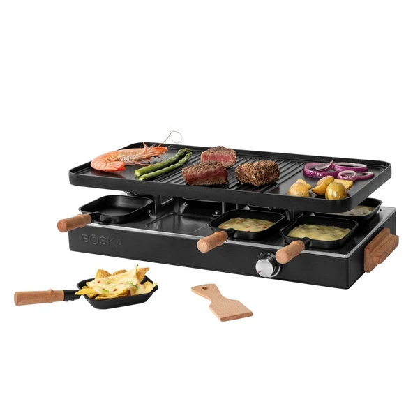 BOSKA Raclette Gurme Partisi - 8 kişilik Raclette ızgara - PFAS içermez - Seramik ızgara plakası - Kayın ağacından kulplar - Ters çevrilebilir alüminyum plaka - Siyah ürün görseli 1